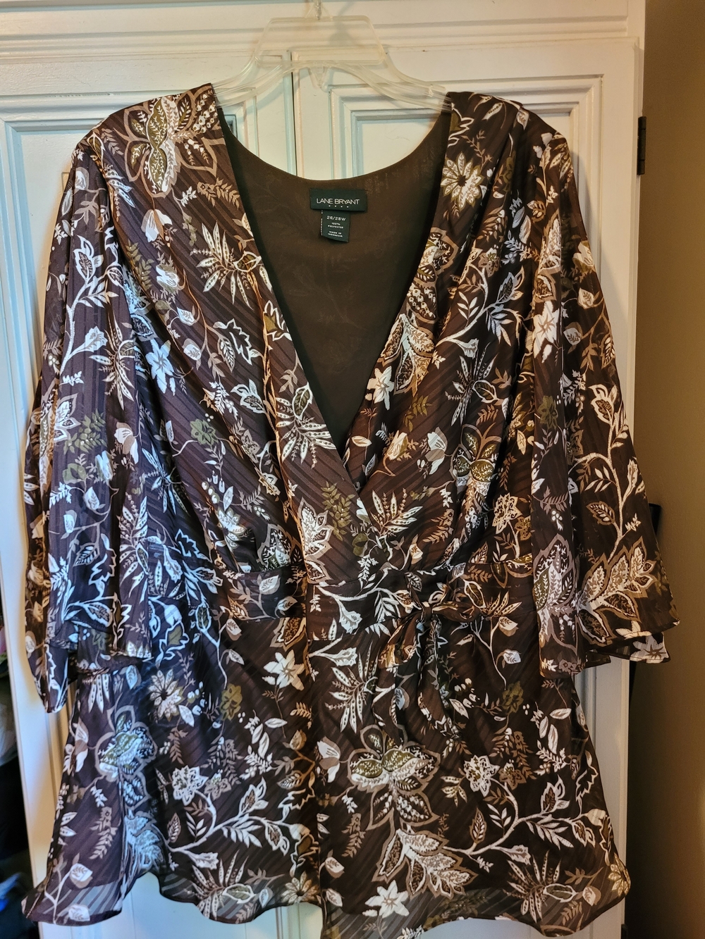 Lane Bryant Brown Sheer Floral Wrap Top with Cream Print